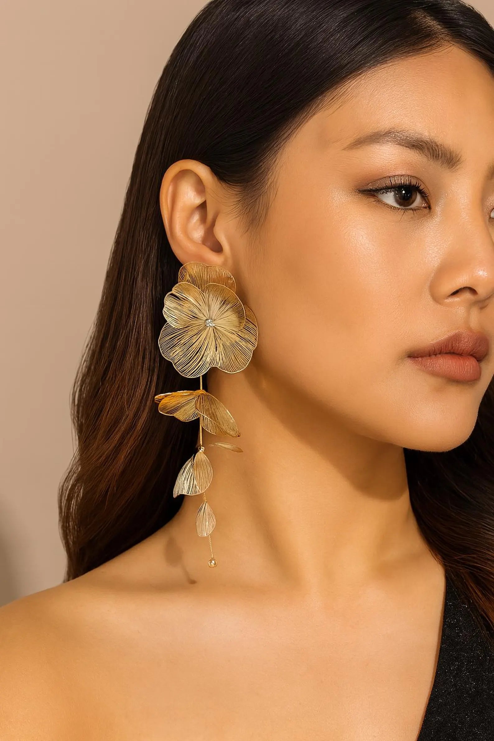 Long Gold Floral Statement Earrings – Oversized Drop with Dangling Leaves | AlaraNYC