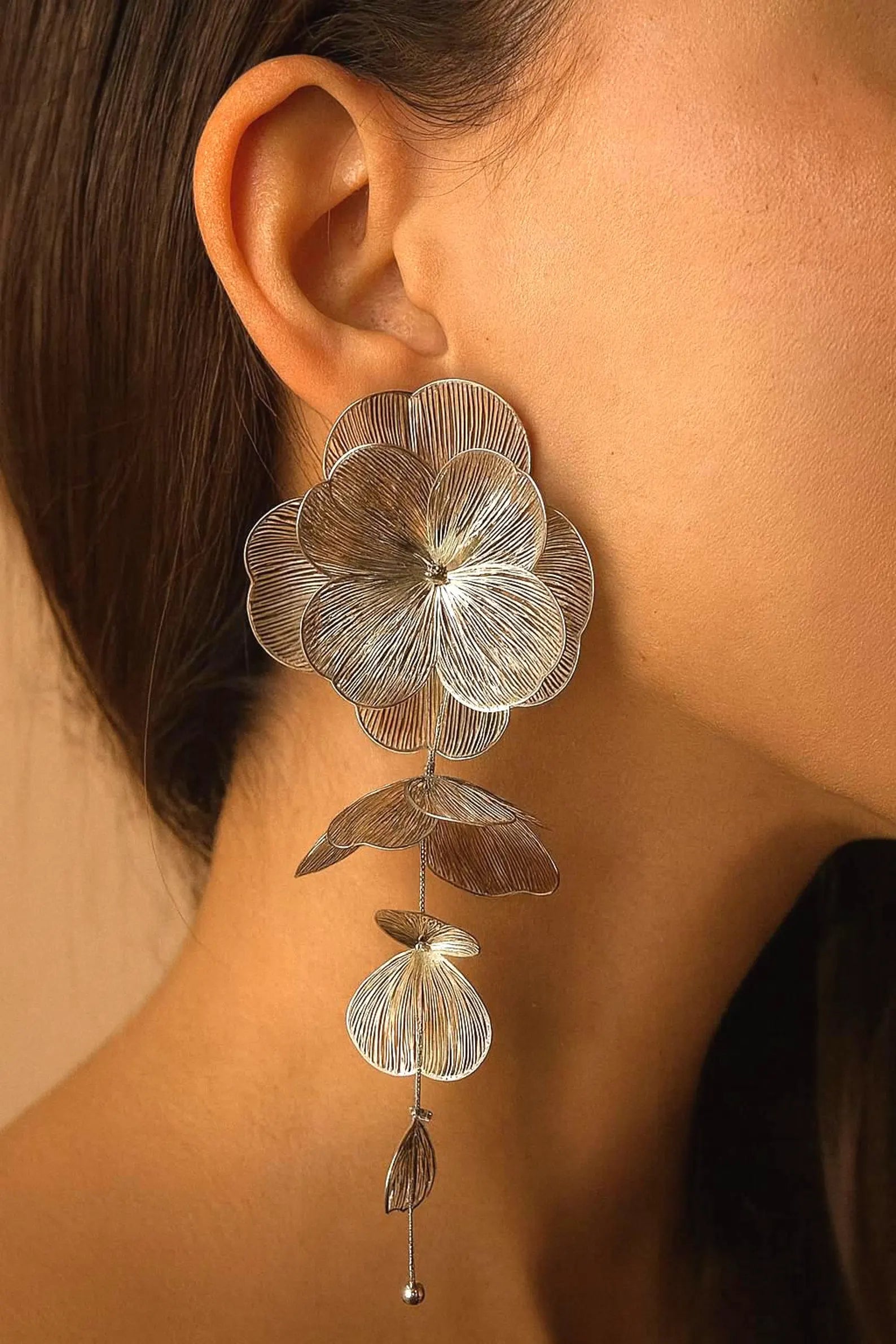 Long Gold Floral Statement Earrings – Oversized Drop with Dangling Leaves | AlaraNYC