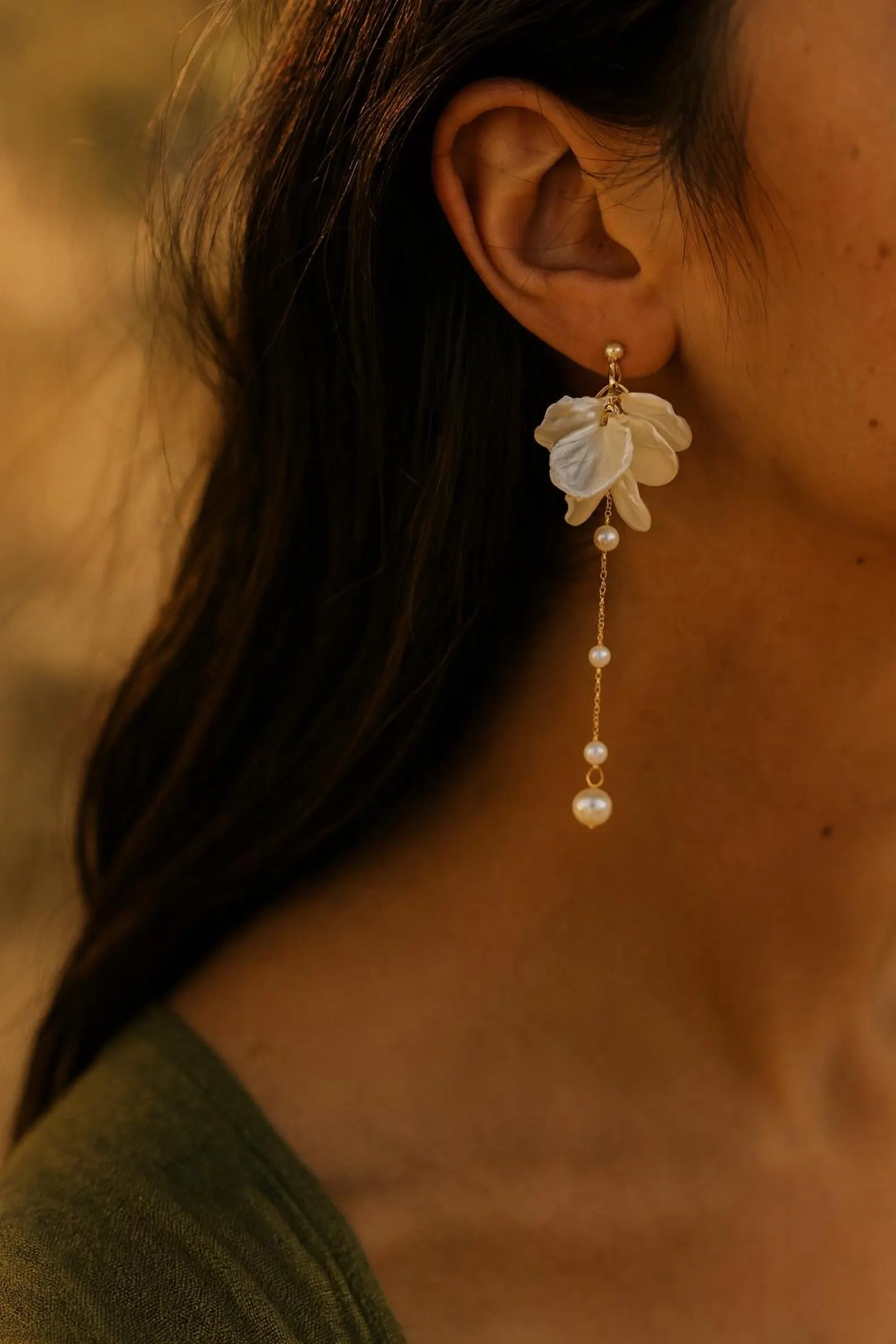 Bridal Pearl Drop Earrings – Long Flower Dangle, Gold or White Gold | AlaraNYC