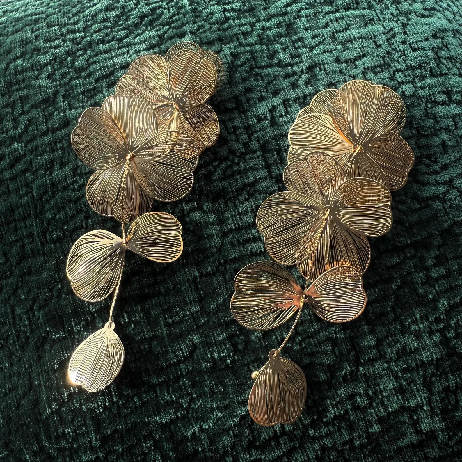 Long Gold Floral Statement Earrings – Oversized Drop with Dangling Leaves | AlaraNYC