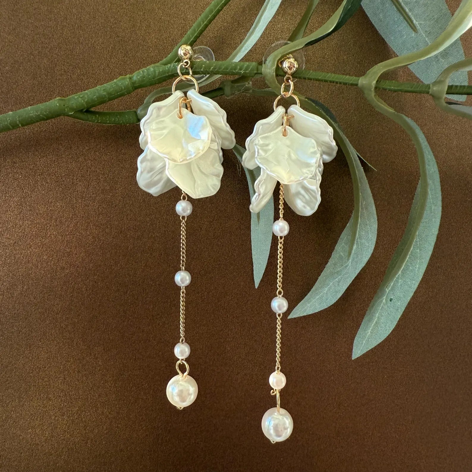 Bridal Pearl Drop Earrings – Long Flower Dangle, Gold or White Gold | AlaraNYC