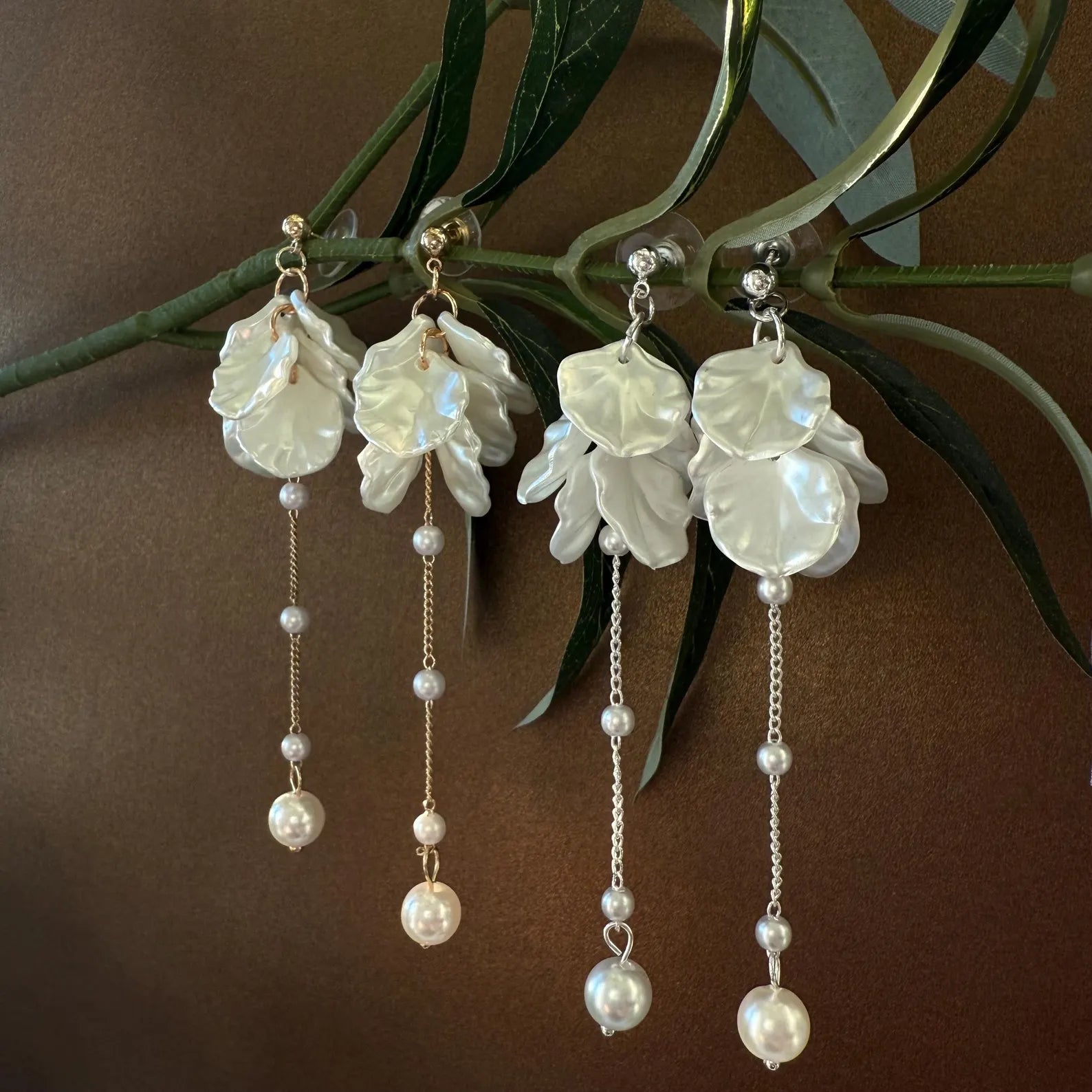 Bridal Pearl Drop Earrings – Long Flower Dangle, Gold or White Gold | AlaraNYC