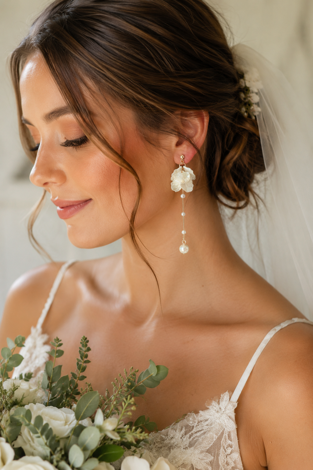 Bridal Pearl Drop Earrings – Long Flower Dangle, Gold or White Gold | AlaraNYC